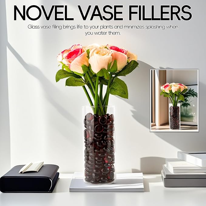 5 LB Dark Red Glass Marbles, Mini Flat Glass Beads for Vase Fillers, Floral Bottom Mancala Gems Pebbles Fish Tank Rocks for Table Aquarium,Home Decor Art Craft Supplies(0.5"~0.7")