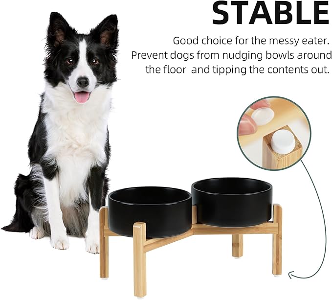 Ceramic Raised Double Bowls Set with Stand, Food & Water Bowls for Medium Breed Dogs, Weighted Dog Dishes, Pet Bowl(7.3'',41OZ, Black)