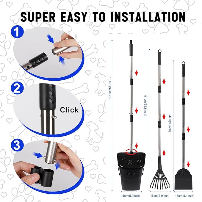 Dog Poop Scooper with 20 Bag Attachment Long Handle Swivel Bin, Rake & Spade Heavy Duty Easy to Clean Pooper Scooper for Large Medium Dogs Pet Waste Removal Solution for Yard, Grass, Gravel