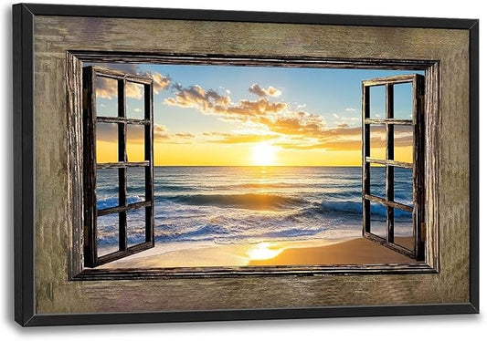 Beach Large Wall Art Sea Coastal Pictures Rustic Window Sunrise Wall Decor Canvas Print Painting Artwork for Bathroom Living Room Bedroom 36L" x 24W"