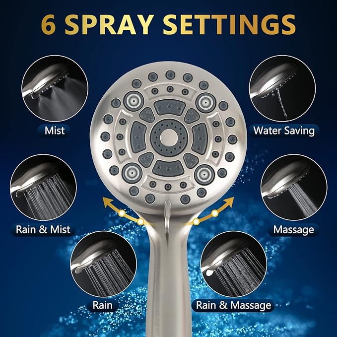 DAKDAKINGS 6 Spray Modes High Pressure Handheld Showerhead Set Upgraded 5 Inches Shower Head with Handheld Spray Brushed Nickel Handheld Shower Head 60 Inches Stainless Steel Hose-1-Min Install