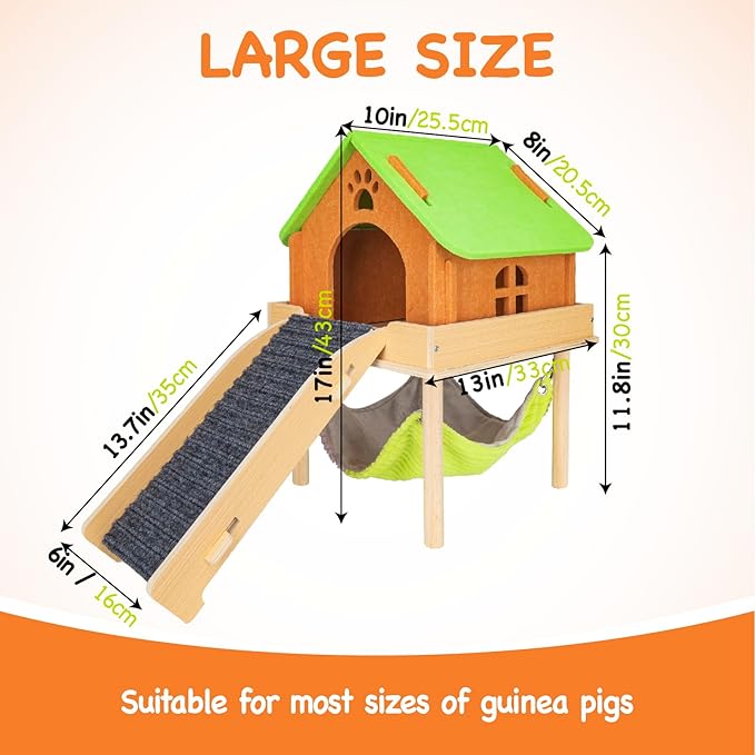 3 in 1 Enlarged Guinea Pig Hammock with House & Platform,Wooden Guinea Pig Hideout with Hammock & Stairs Small Animal Toys for Hiding Sleeping Activities