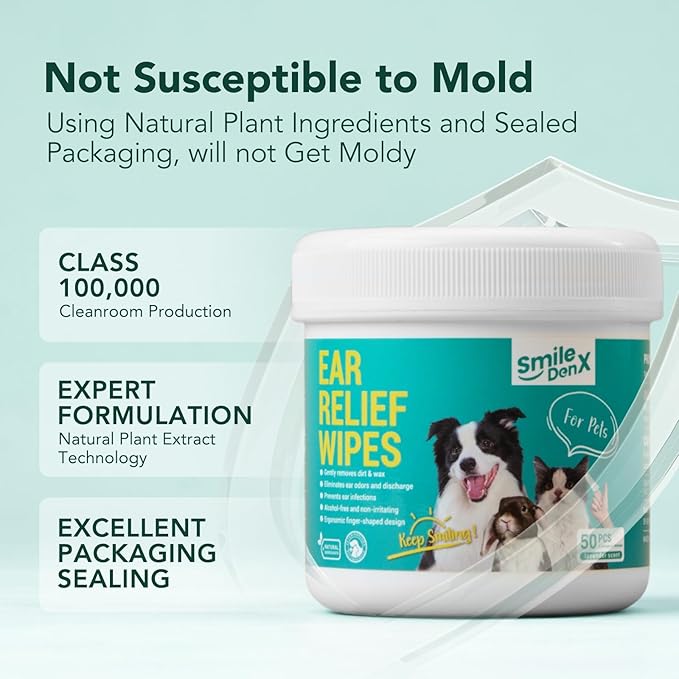 Dog Ear Cleaner Wipes - Dog Ear Infection Treatment Fast Relief from Ear Itching and Inflammation, Cat Ear Wipes Gently Remove Ear Wax Debris and Smelly
