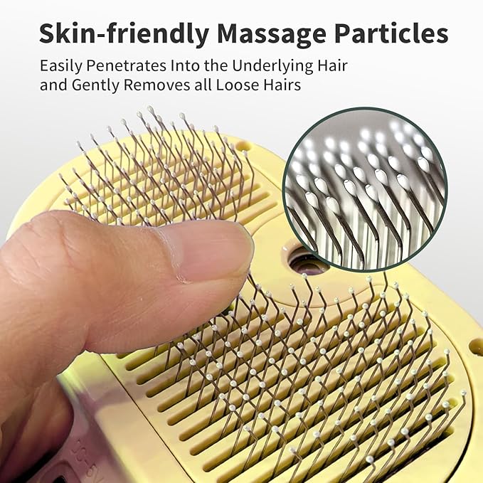 3 In 1 Steamy Brush with Release Button and Tank, Anti-Static Pet Brush for Long and Short Hair Pets to Remove Tangles and Loose Fur (Yellow)