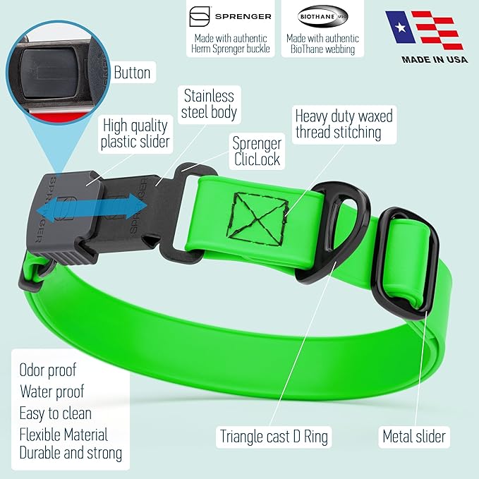 Dogline Biothane Waterproof Dog Collar with Herm Sprenger Stainless Steel Quick Release Buckle – Heavy Duty Tactical Durable Collar for Dogs – Comfortable and Safe Pet Collar, W 3/4" L 12-19", Green