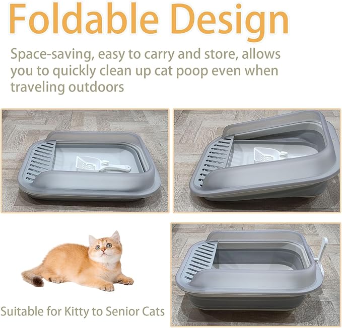 Collapsible Kitten Litter Box, Open Small Cat Litter Box with High Side Shallow Kitten Litter Pan Anti-Splashing Waterproof Low Entry Travel Litter Pan with Falling Sand Pedal