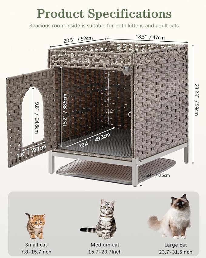 Cat Litter Box Enclosure Hidden Litter Box Furniture with Metal Heightened Feet, Rattan Handwoven Cat House with Litter Mat, Hidden Litter Box Furniture for Bedroom Living Room Gray