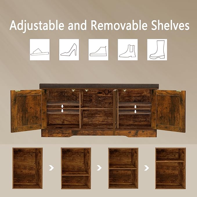 DINZI LVJ Shoe Bench, Entryway Storage Bench with Doors, Cushion, 2-Tier Shoe Rack with 6-Cubby, 39.4”L x 13.8”W Shoe Organizer Cabinet, Adjustable Shelf, Living Room, Bedroom, Rustic Brown