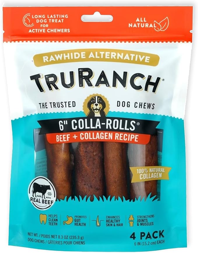 Collagen Rolls - 6" Collagen Rolls for Dogs - Long Lasting Healthy Joint Support Dog Treat - Rawhide Alternative - Skin & Coat Health - Made with Real Beef, 1 Bag, 4 Count