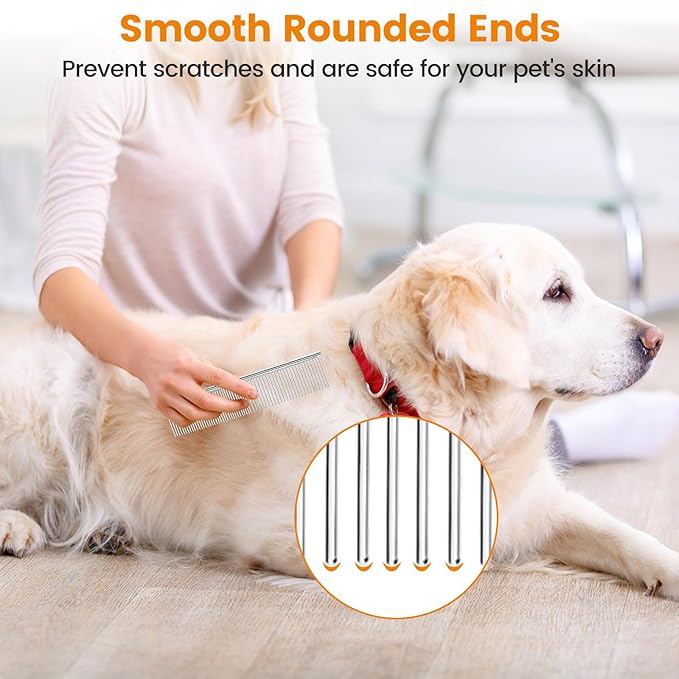 2Pcs Stainless Steel Dog Comb, Round Tooth Cat Comb with 2 Tooth Widths, Metal Combs for Removing Knots and Tangles, Grooming Tool for Long and Short Hair Pets, 7.5 IN Silver