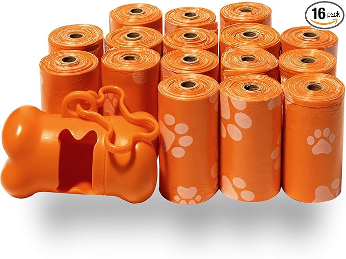 Best Pet Supplies Dog Poop Bags (240 Bags) for Waste Refuse Cleanup, Doggy Roll Replacements for Outdoor Puppy Walking and Travel, Leak Proof and Tear Resistant, Thick Plastic - Orange