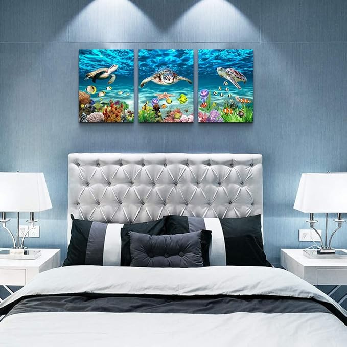 Canvas Wall Art for Living Room Large Size Wall decor for Bedroom Bathroom Wall Decoration blue Ocean Sea Turtle Paintings Modern shark Pictures Artwork office Decor Ready to Hang 16" x 24" 3 Piece