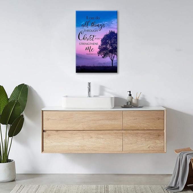 Christian Tree Wall Art I Can Do All Things Canvas Wall Decor Prints Framed Painting Purple Pictures Gifts Artwork for Bathroom Bedroom 16"x24"