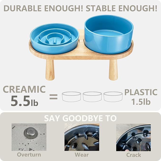 Ceramic Slow Feeder and Water Bowl Set for Small Dogs, Ceramic Dog Bowls Elevated with Wooden Stand, 0.6 Cups Dog Slow Feeder(14oz) and 30oz Water Bowl Set, Blue