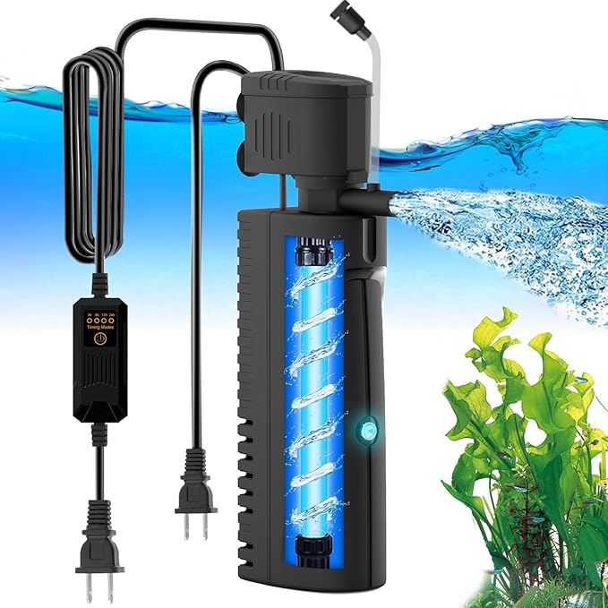 AquaMiracle Aquarium Filter with U - V Light & Pre-Filter Sponge, Fish Tank Filter with Timer for Green Water, Green Clean Machine Turtle Filter with Aeration for Aquarium and Pond 10-40 Gallon