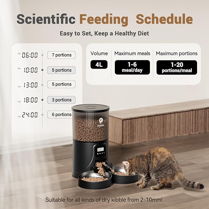 Automatic Cat Feeder for 2 Cats - 16 Cups/4L Timed Auto Pet Feeder with Portion Control (1-6 Meals), Dual Power& Easy to Clean for Indoor Cats & Small Dogs