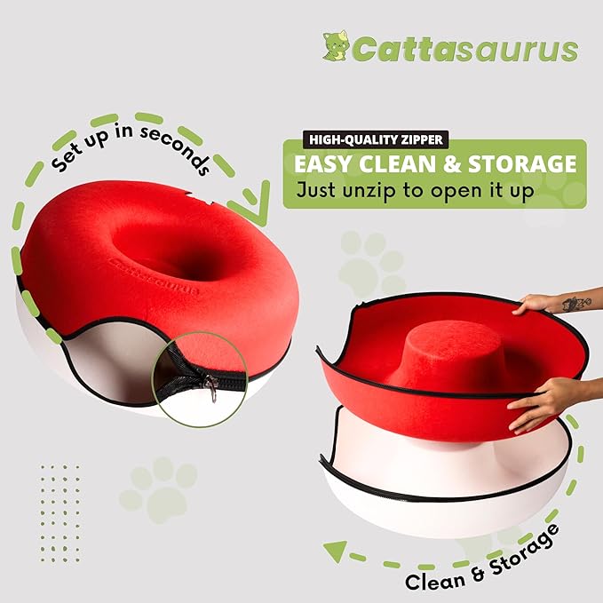 Cattasaurus Peekaboo Cat Cave, Extra Spacious for Multiple & Large Cats 12+ lbs, Scratch Detachable Cat Beds for Indoor Cats, Washable Tunnel Bed, Comfy Cat Donut Tunnel (Ruby Snowball, Jumbo)