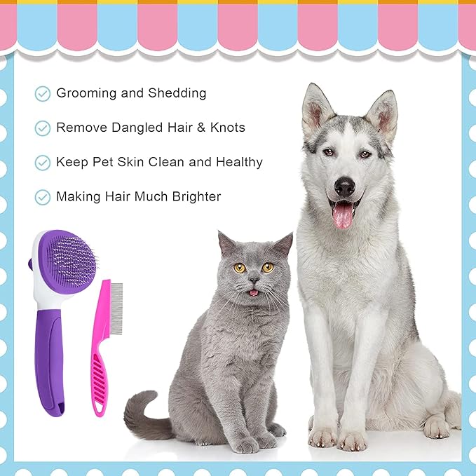 Cat Brush for Shedding, Cat Hair Brush with Release Button for Indoor Cats Dogs Self Cleaning Grooming(Purple)