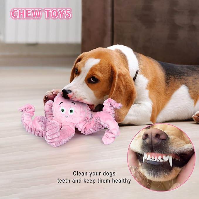 Dog Squeaky Toys Octopus - Tough Plush Large Medium & Small Dog Toys - Stuffed Animals Puppy Toys (Octopus Pink)