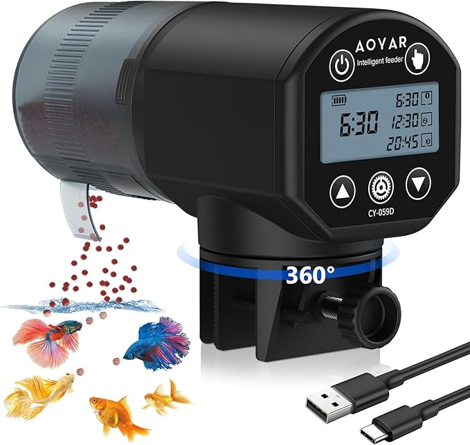 Automatic Fish Feeder Dispenser for Aquarium: Rechargeable Auto Feeders for Tank Turtle Pond Betta - 200ml Smart Food Feeding Timer Dispensers for Flake Pellet Vacation Weekend