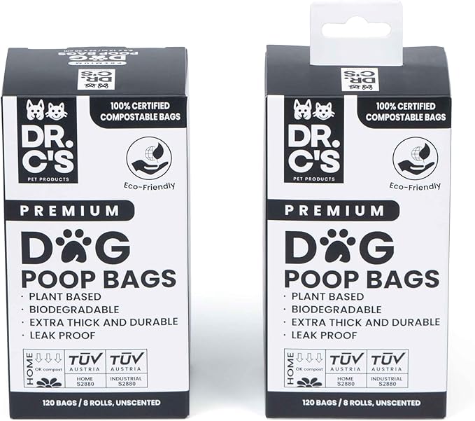 100% Certified Compostable Dog Poop Bags - Dr. C's Premium Dog Poop Bags - 120 Bags / 8 Rolls, Extra thick, Leak Proof, Unscented, Plant Based and Earth Friendly