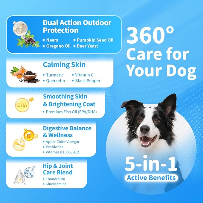 Dog Flea and Tick Support Chewable, Natural Dog Flea Comfort Supplement, Oral Chews with Neem, Oregano Oil, Pumpkin Seed Oil & Brewer's Yeast – 135 Soft Chews, Beef Flavor – for All Breeds & Sizes