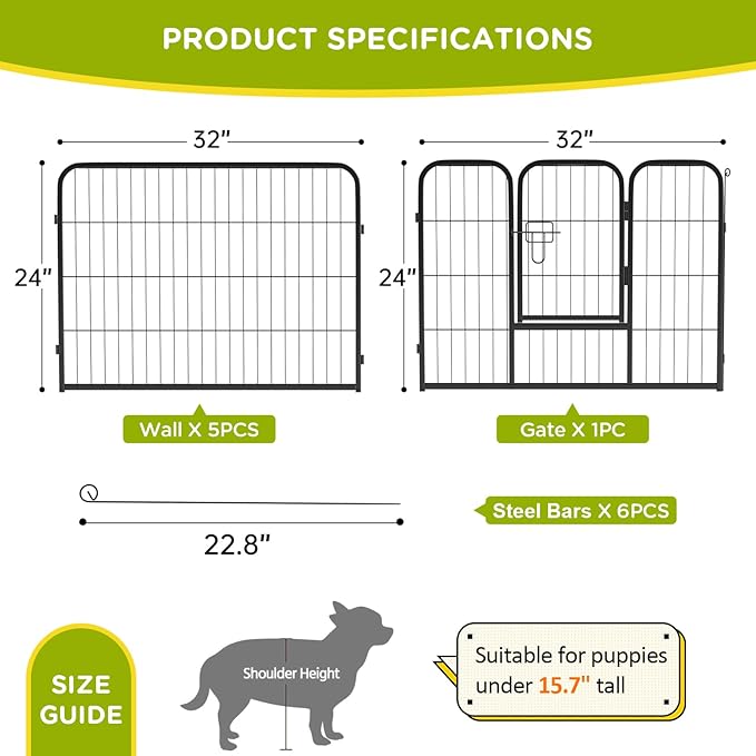 BestPet | Dog Playpen | 24 Inch, 6 Panels | Heavy Duty Metal Pet Exercise Pen | Indoor Outdoor Fence Panels | Rust-Resistant, Removable, Tool-Free Setup | Anti-Skid, Expandable Design