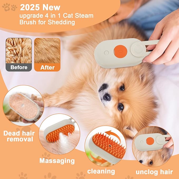 4-in-1 Cat Steam Brush Cat and Dog Anti-Static steam Brush with Spray for Massaging,cleaning,Shedding,Grooming,New Rechargeable Pet Grooming Brushes(cream khaki)