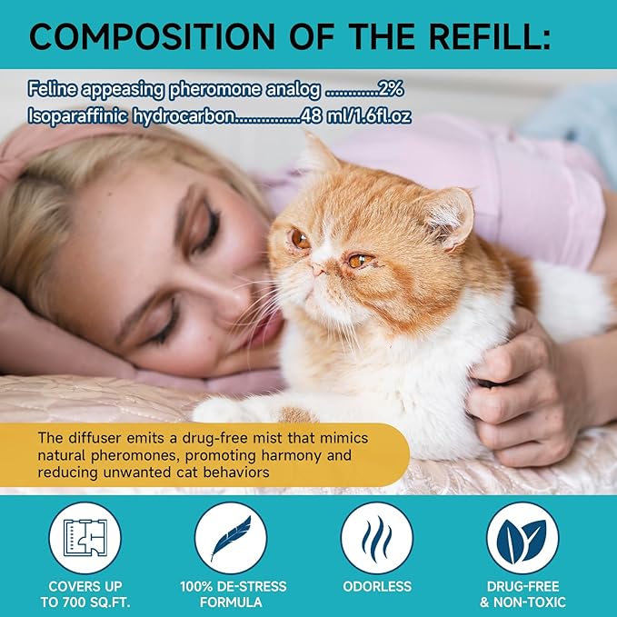 Cat Calming Diffuser Refills - 6 Pack Cat Pheromones Calming Diffuser for Cat Anxiety Relief, Cat Pheromone Diffuser, 180 Days Pheromone Diffuser to Calm Cats, Fits All Common Diffuser Heads
