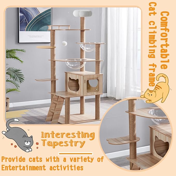 67-Inch Cat Tree for Indoor Cats Large Adult,Cat Tree Tower with Condo, Cat Stairs, 2 Bowl,14 Sisal Scratching Posts, Top Perch, with Padded Platform Bed,Toy Balls,Larg Large cat Tree.B12