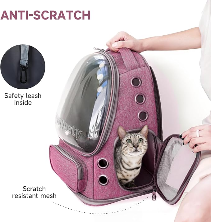 Cat Backpack Carrier, Breathable Cat Carrier Large Space Bubble Pet Backpack for Kitty Small Dog up to 15lbs, Transparent & Foldable Pet Carrier for Travel Hiking（Pink）