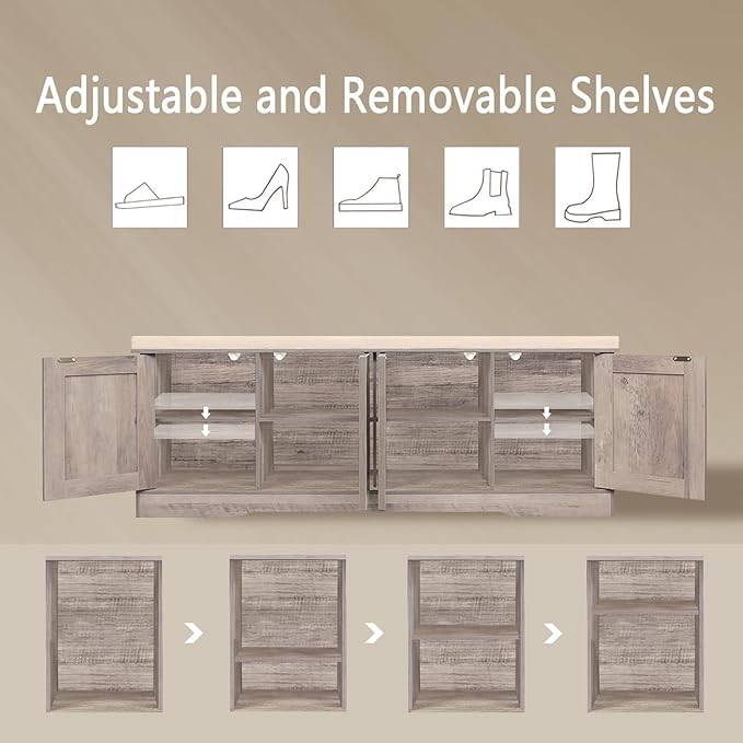 DINZI LVJ Shoe Bench, Entryway Storage Bench with Doors, Cushion, 2-Tier Shoe Rack with 8-Cubby, 47.2”L x 13.8”W Shoe Organizer Cabinet, Adjustable Shelf, Living Room, Bedroom, Greige