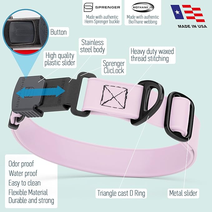 Dogline Biothane Waterproof Dog Collar with Herm Sprenger Black Stainless Steel Quick Release Buckle – Heavy Duty Tactical Durable Collar for Dogs – Comfortable and Safe Pet Collar, W 3/4" L 12-19"