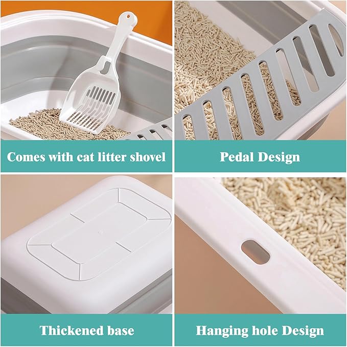 Cat Litter Box for Travel, 18"×14" Grey Small Litter Box for Open Foldable Waterproof Litter Pan,Kitty Litter Box Easy to Clean and Assemble, Portable Litter Box with Scoop