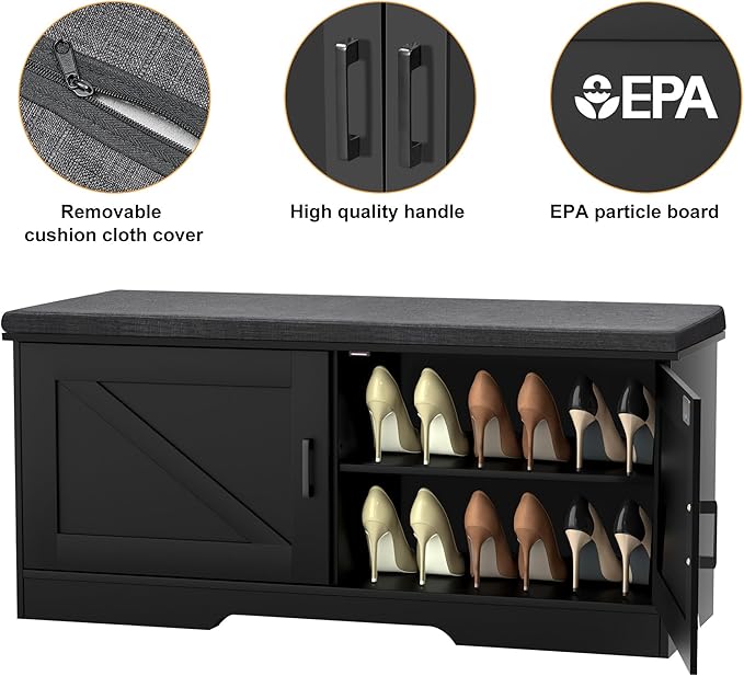 2-Tier Storage Bench, Shoe Bench with Padded Seat Cushion, Entryway Bench with 2 Barn Doors, Adjustable Shelf, 13.8" D x 39.4" W x 17.7" H, for Entryway, Living Room, Bedroom, Black