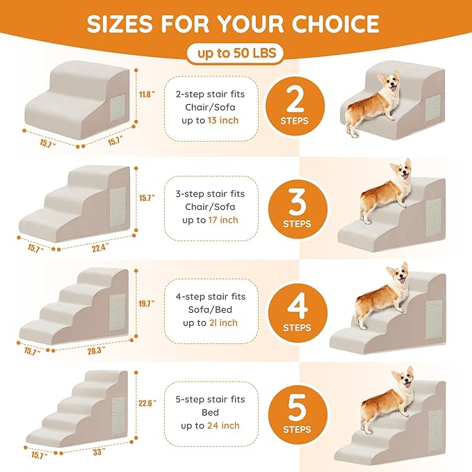 Dogs Steps for Bed, Dog Stairs for Small Dogs, 4-Step Dog Ramp for Bed, Couch, Sofa, and Chairs, Non-Slip Bottom Design, Cat Scratching, High Density Foam Portable Pet Step, Indoor, Beige
