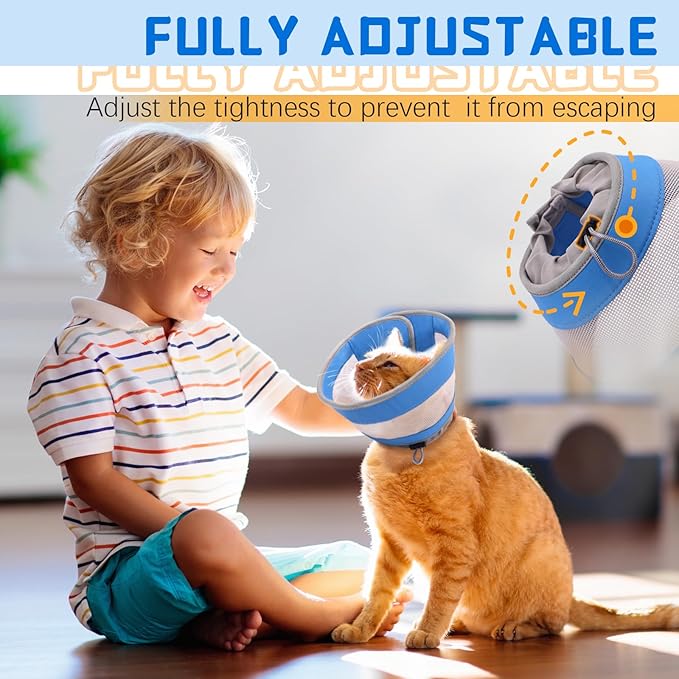 Breathable Air Mesh Cat Cone Collar Soft to Stop Licking, Adjustable, Foldable Lightweight Kitten Cones After Surgery Recovery for Cats & Kittens (Blue, S)