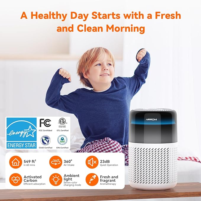 AIRROMI Air Purifier for Bedroom Home,HEPA Filter,Covers Upto 549 Ft²,Quiet 360°intake Air Cleaner with Fragrance ponge for Better Sleep,Night Light,Filters Smoke,Pet Dander,Allergies,Dust,A2005 White