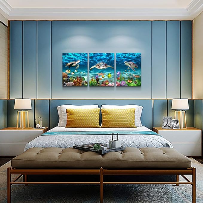 Canvas Wall Art for Living Room Large Size Wall decor for Bedroom Modern Bathroom Wall Decoration blue Ocean Wall Painting Sea Turtle Wall Pictures Ready to Hang Office Artwork 20" x 28" 3 Piece
