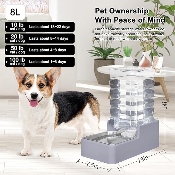 Automatic Pet Water Dispenser: 8L Light Gray Gravity Feeder with Stainless Steel Bowl - BPA-Free for Dogs Cats - No Spill Design