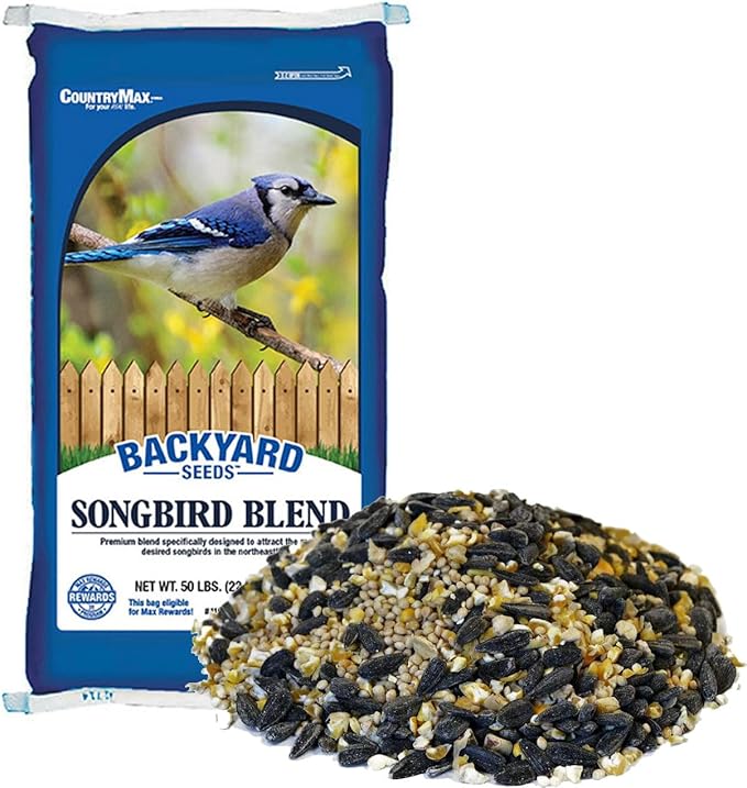 CountryMax Backyard Seeds Songbird Blend Wild Bird Seed – 50 lb Bag – Premium Mix with Sunflower Seeds, Safflower, Peanuts, Millet – Attracts Cardinals, Finches, Chickadees, and More