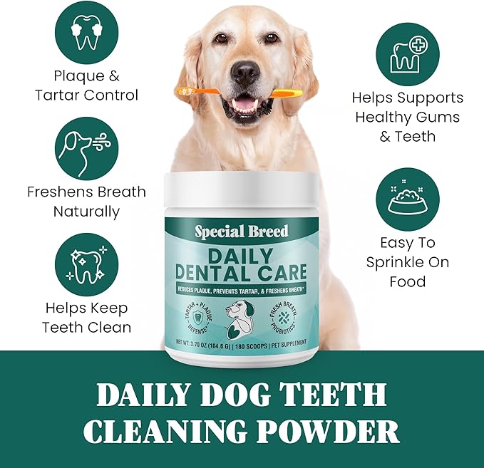 Dog Teeth Cleaning Powder – Natural Dog Dental Powder for Tartar Control, Fresh Breath & Gum Health – Daily Plaque Remover with Zeolite, Brown Algae, Probiotics & Rosemary – 180 Scoops