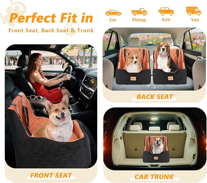 Dog Car Seat for Small/Medium Dogs Under 40lbs, Dog Booster Car Seats Memory Foam and Velvet, Detachable and Washable Pet Booster Carseats with Clip-On Satebelt and Storage Bag.(Black/Brown)