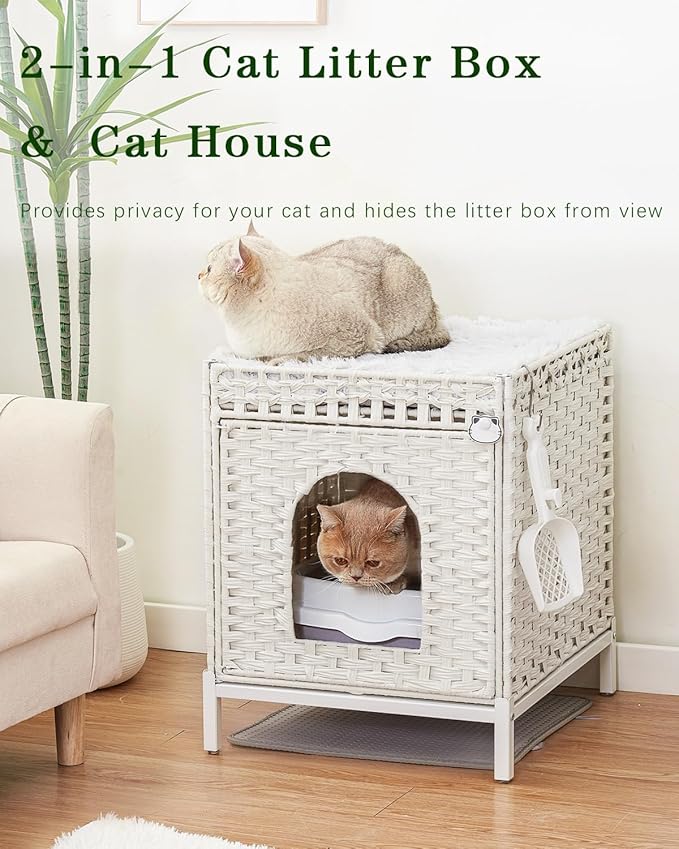 Cat Litter Box Enclosure Hidden Litter Box Furniture with Metal Heightened Feet, Rattan Handwoven Cat House with Litter Mat, Hidden Litter Box Furniture for Bedroom Living Room White