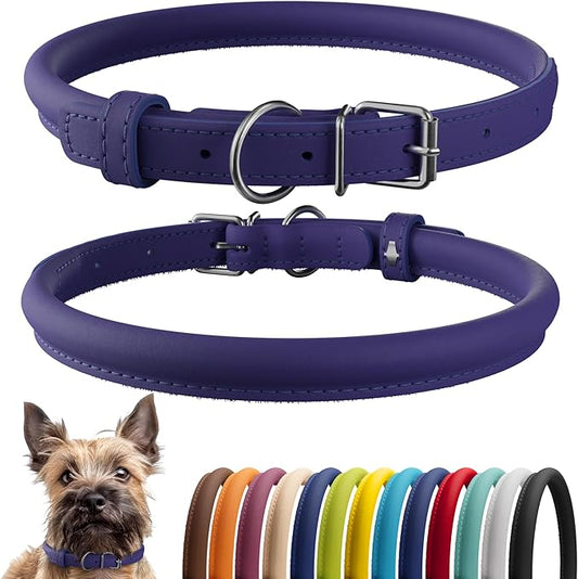 CollarDirect Rolled Leather Dog Collar, Soft Padded Round Puppy Collar, Handmade Genuine Leather Collar Dog Small Large Cat Collars 13 Colors (6 Inch, Purple Smooth)