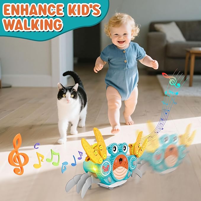 Alritz Crawling Crab Baby Toy, Developmental Tummy Time Toys for Crawling, Walking Crab Toy DIY Gear-building, with Sensory Light-Up, Dancing Crab Toys for Infant Boys Girls 3-6 6-12 36 Months Age 3 +