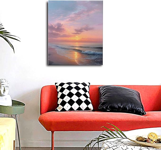Beach Sunset Wall Art Ocean Coastal Scenery Wall Decor Seascape Picture Canvas Landscape Painting Print Framed Artwork Decorations for Living Room Office Bedroom Kitchen 24"x20"