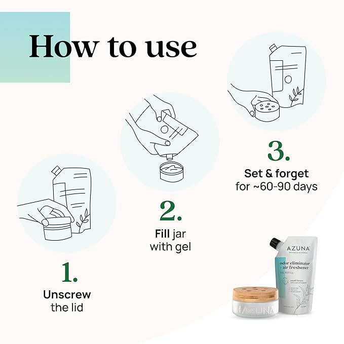 Azuna Air Freshener & Odor Eliminator for Strong Odor | 1 Room Kit Includes (1) Empty Luxe Glass Jar & 8oz Refill with Tea Tree Essential Oil Gel | Amalfi Breeze | Last 60-90 Days