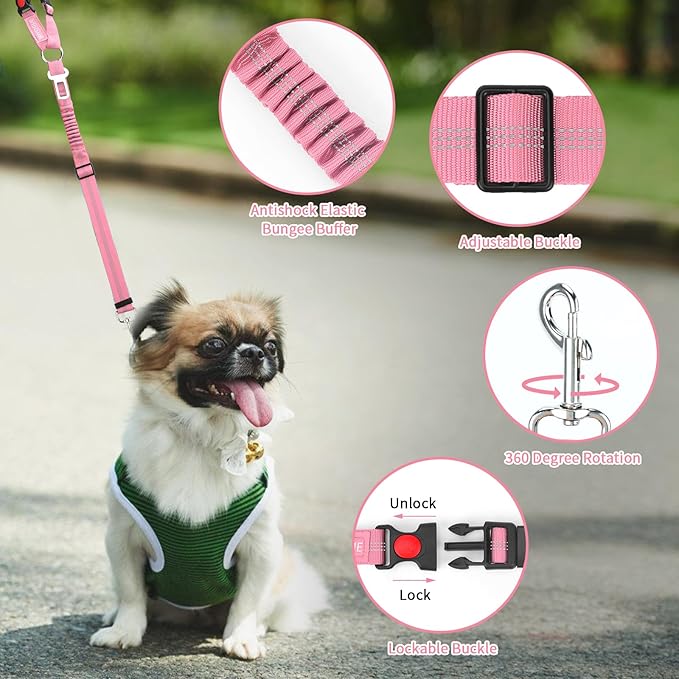 BWOGUE 2 Piece Dog Seat Belt for Car with Elastic Bungee Buffer Safety Seatbelt Car Headrest Restraint Wear Adjustable Metal Buckle Harness in Vehicle Travel for Pet