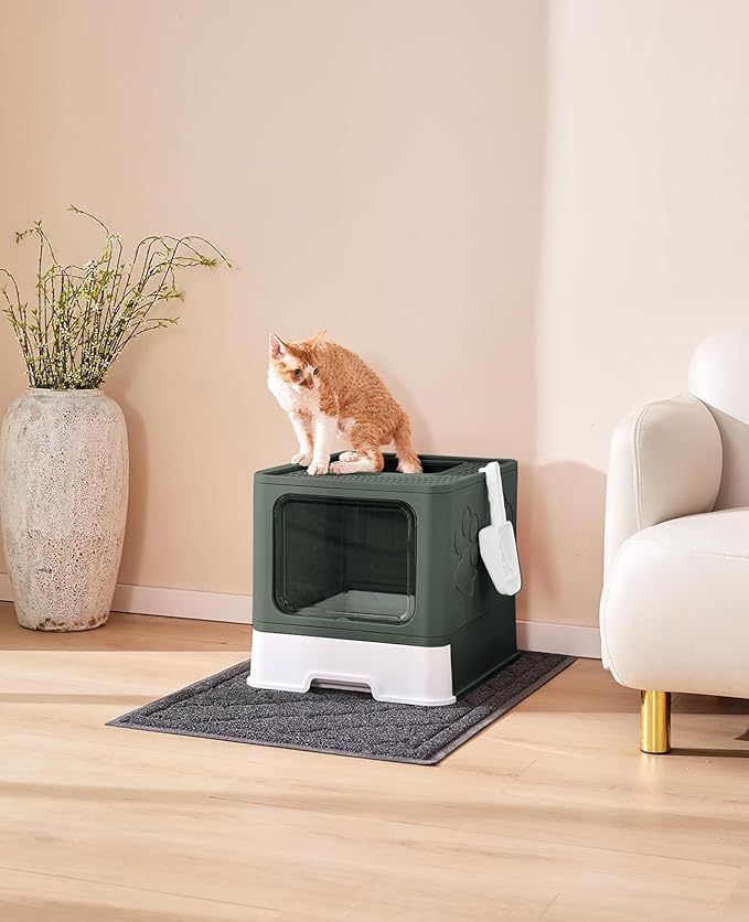 Cat Litter Box with X-Large Litter Mat and Scoop, Large Foldable Litter Box with Lid, Enclosed Kitty Box,Front Top Entry Exit, Odor Control Easy to Clean (Upgrade Olive Green)